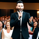 **

"A fully clothed Adam Levine in a tailored black suit, singing on stage at a vibrant wedding reception, surrounded by a cheering crowd in appropriate attire, safe for work, professional setting, perfect anatomy, correct proportions, well-formed hands, proper finger count, natural pose, bright and joyful atmosphere, modest attire, family-friendly."

**