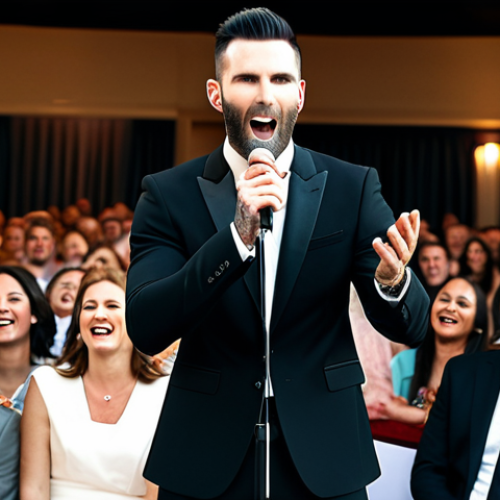Home 4 **
"A fully clothed Adam Levine in a tailored black suit, singing on stage at a vibrant wedding reception, surrounded by a cheering crowd in appropriate attire, safe for work, professional setting, perfect anatomy, correct proportions, well-formed hands, proper finger count, natural pose, bright and joyful atmosphere, modest attire, family-friendly."
**