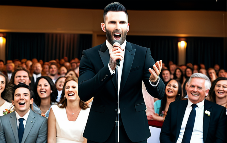 **

"A fully clothed Adam Levine in a tailored black suit, singing on stage at a vibrant wedding reception, surrounded by a cheering crowd in appropriate attire, safe for work, professional setting, perfect anatomy, correct proportions, well-formed hands, proper finger count, natural pose, bright and joyful atmosphere, modest attire, family-friendly."

**